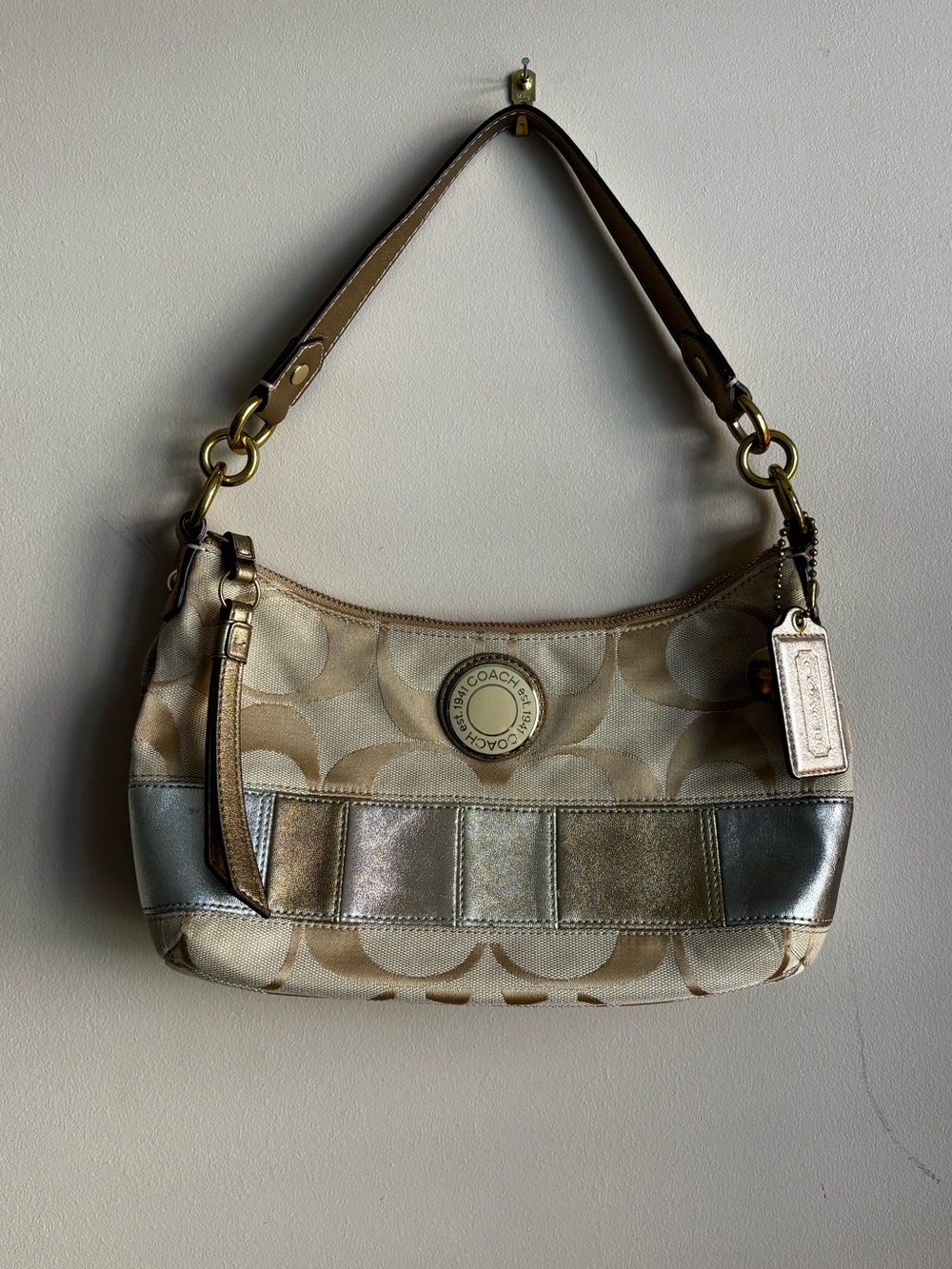 Y2K 2001 Signature Stripe Multi Metallic Demi Handbag Like New